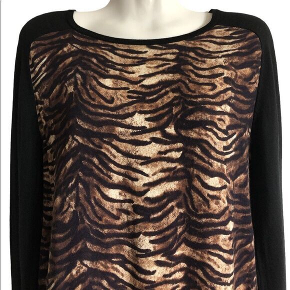 Maje‎ top Size 2 100% Merino Wool Mixed Media animal print w solid back pullover - Picture 1 of 6